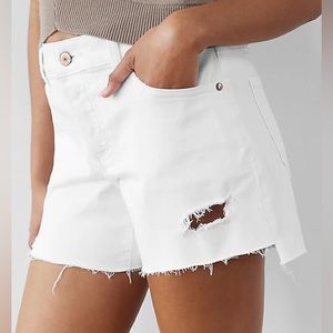 Express Mid Rise White Covered Button Fly Ripped Boyfriend Jean Shorts